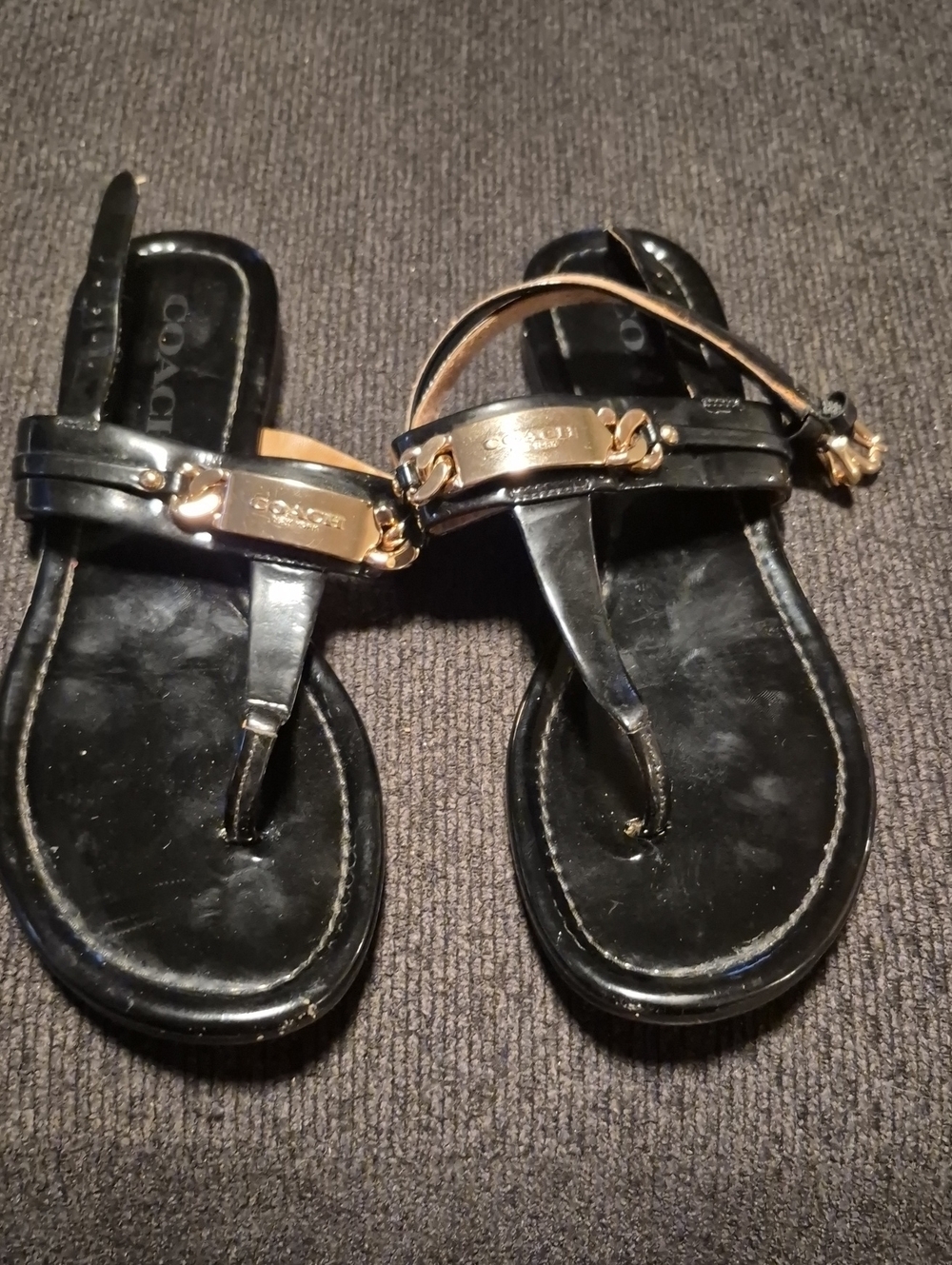 COACH Black Leather Toe-Ring Sandals with Gold Plaque